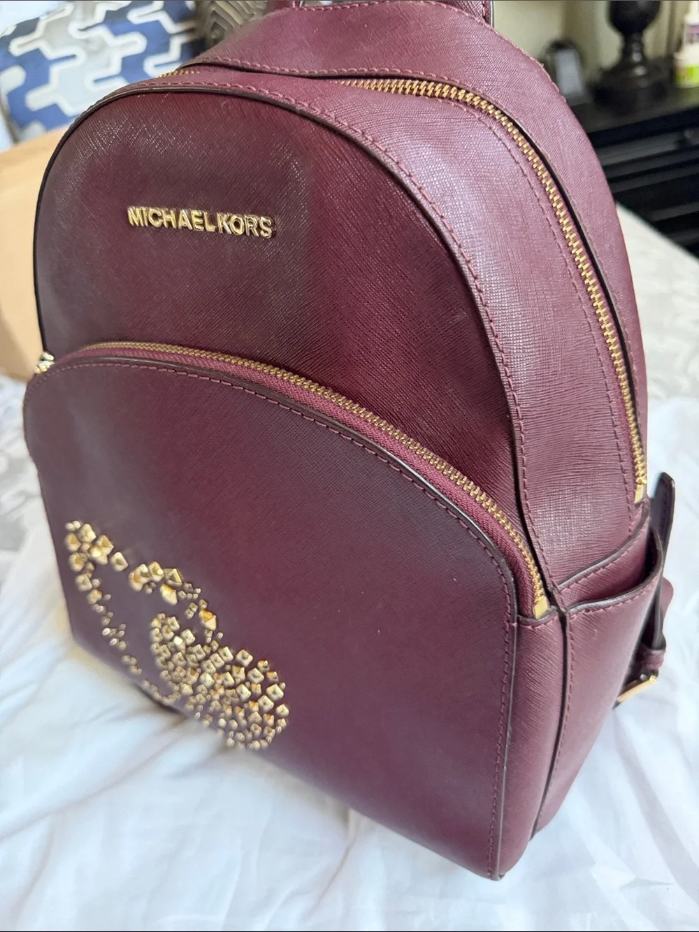 Michael Kors Plum Saffiano Mini Backpack with Gold Stud Hearts